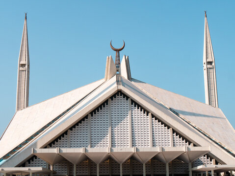 Faisal Mosque, Islamabad's Largest Mosque, commissioned by the Saudis in the 70s - Landscape Close-up shot