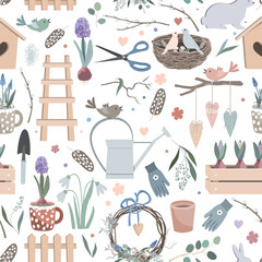 Gardening tools pattern, seamless Spring vector background. Cute hand drawn birds, nest, watering pot, seedling, gardening gloves and flowers. © Toltemara