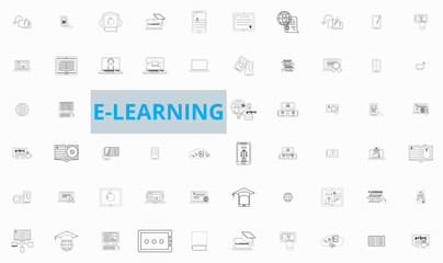Fototapeta na wymiar E-learning, online education icons set. 60 Electronic learning icons. Distance learning collection outline icons collection