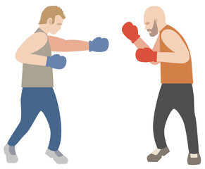 Two male boxers fighting against each other. Box fighters on left and right corners flat style illustration. PNG with transparent background.