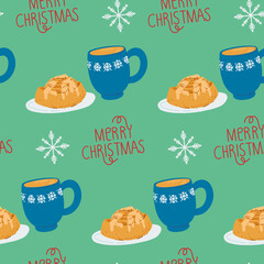 Winter seamless pattern with cinnamon bun, hot drink cup and Merry Christmas lettering. Holiday banner design. Cooking background. Seamless pattern. Christmas background.