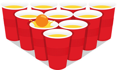 Red beer pong plastic cups and ball with splashing. Traditional party drinking game. 