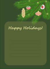 christmas greeting card with fir tree and ornaments