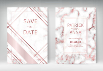 Luxury wedding Invitation. Set elegant cards celebration marble texture rose gold. Trendy delicate design template for banner, flyer, poster, brochure, greeting, cover. Background invite save the date