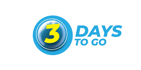 Three days to go countdown blue horizontal banner design template isolated on white background. 3 days to go sale announcement blue banner, label, sticker, icon, poster and flyer.