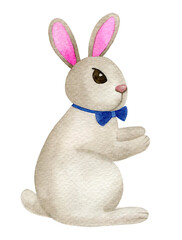 Cute watercolor rabbit standing in blue bow tie like a gentleman. Hand drawn Chinese New Year 2023 symbol. Easter bunny for greeting cards. Childish pet hare character