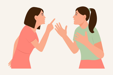 Angry women quarrel. Aggression, conflict concept. Flat vector cartoon illustration.