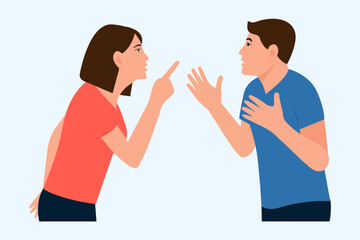 Angry people quarrel. Irritated wife and husband conflict, scene of argue, relationship problems. Aggression, conflict concept. Flat vector cartoon illustration.