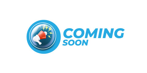 Coming soon horizontal banner with megaphone and button on isolated on white background. Vector coming soon sign, sticker, label, icon, poster and badge isolated on stylish blue background