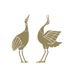 向かい合う2匹の金の鶴　シンプルイラスト