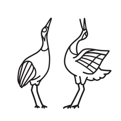 向かい合う2匹の鶴　線画シンプルイラスト