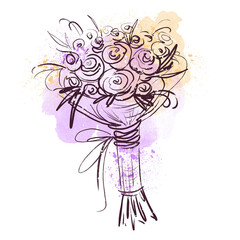 Wedding bouquet of roses on a white background with watercolor splashes. The bride's bouquet for the wedding ceremony. Flowers in a bouquet, hand-drawn sketch