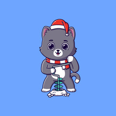 cute cat drilling a hole with ice auger on a frozen lake