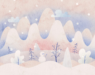 hand drawing illustration of the beautiful winter landscape with a mountain and forest, watercolor background with snow