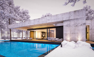 3d rendering of new concrete house in modern style with pool and parking for sale or rent and beautiful landscaping on background. One floor house. Cool winter evening with cozy light from windows