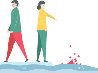 Couple of love is broken heart in winter season. Drop down of rose on the floor.