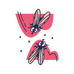 Pair of flies in love in cartoon style. Buzzing insect with a proboscis. Valentine card with insect characters. Illustration for printing.