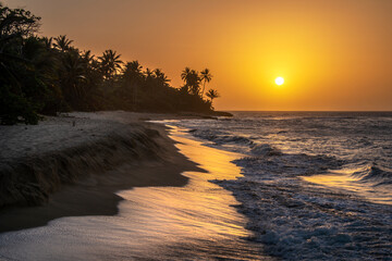 Sunset at Tropical beach with palm trees  at Perla Marina beach, Cabarete, Dominican Republic - obrazy, fototapety, plakaty