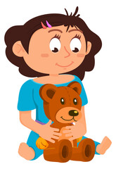 Cute cartoon kid holding soft toy. Girl with stuffed teddy bear