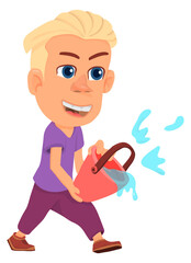 Boy splash out water from bucket. Funny cartoon kid