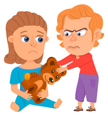 Angry boy tearing toy from girl. Aggressive kid character