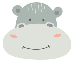 Hippo face. Cute animal portrait for childish print
