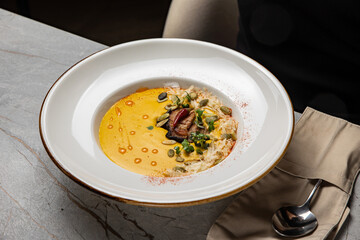 delicious soup prepared in the restaurant by the chef

