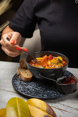 delicious soup prepared in the restaurant by the chef

