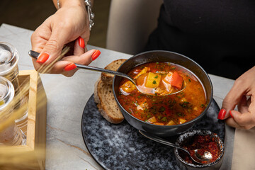 delicious soup prepared in the restaurant by the chef

