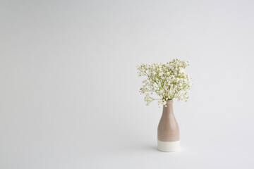 Small white flowers on a white background. Soft home decor. White flowers in a vase.