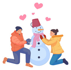 Romantic winter activity. Man and woman making snowball together