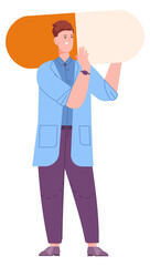 Big pharma concept. Man carrying giant drug pill