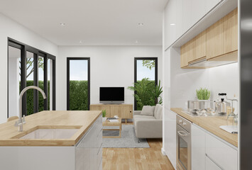 Kitchen and living room fully furnished. 3d rendering of residential building interior.