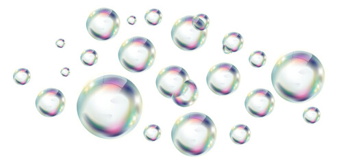 Realistic clear foam. Transparent glossy rainbow bubbles