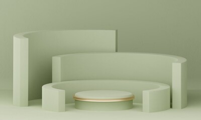 Green yellow olive pastel pedestal of platform display with metal gold modern stand podium with cylinder shapes on green geometric background. Empty product shelf. 3D rendering.