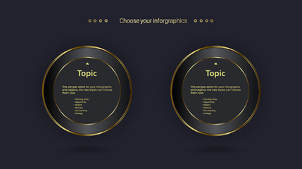 Fototapeta na wymiar group of two infographic banners, buttons, workflow, levels concept, infographic gold and Premium style of dark infographic on a dark background.