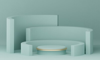 Green blue pastel pedestal of platform display with metal gold modern stand podium with cylinder shapes on green blue geometric background. Empty product shelf. 3D rendering.