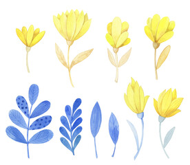 set of watercolor small flowers and leaves. hand drawn illustration, elements in blue and yellow colors