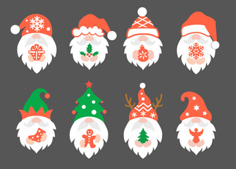 Set of Christmas gnomes. Cute holiday characters with christmas symbols. Collection of vector signs, icons and design elements.