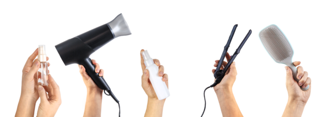 Hair care collage in woman's hands. Selective focus. People.