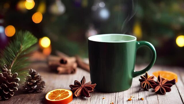 Christmas greeting video. Steaming hot mulled wine or tea. CINEMAGRAPH loop. Repeatable clip.