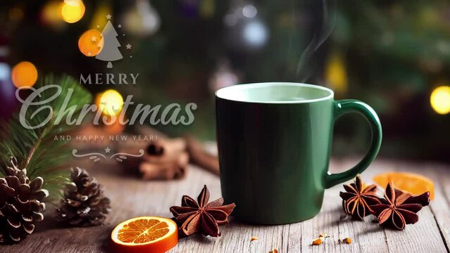 Christmas greeting video. Steaming hot mulled wine or tea. CINEMAGRAPH loop. Repeatable clip.