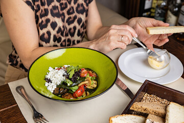 Obraz na płótnie Canvas a delicious salad prepared in the restaurant by the chef 