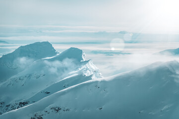 Wild and untouched snowy mountain landscape in breathtaking winter atmosphere photographed in Mölltal Glacier ski resort. Mölltaler glacier, Flattach, Kärnten, Austria, Europe.