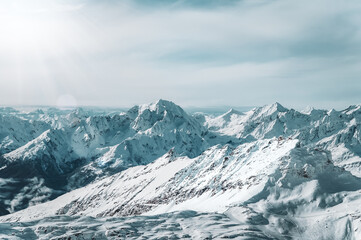 Fototapeta na wymiar Wild and untouched snowy mountain landscape in breathtaking winter atmosphere photographed in Mölltal Glacier ski resort. Mölltaler glacier, Flattach, Kärnten, Austria, Europe.