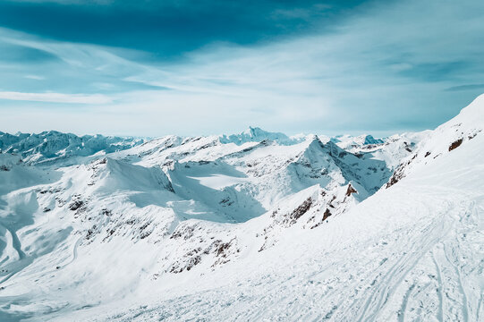 Snowy mountain landscape in breathtaking winter atmosphere photographed at Mölltal Glacier ski resort. Mölltaler glacier, Flattach, Kärnten, Austria, Europe.