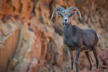 Closeup shot of a horned mountain goat in the Death Valley of Nevada