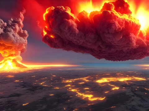 Atomare Wolke, Atompilz und Explosionen &uuml;ber zerst&ouml;rter Welt im dritten Weltkrieg
