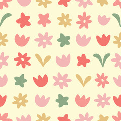 Floral vector repeat pattern with colorful flowers on light yellow background, geometrically arranged