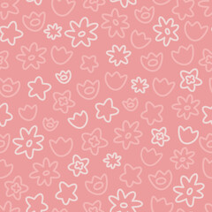 Floral vector repeat pattern with cute and simple light pink elements on pink background
